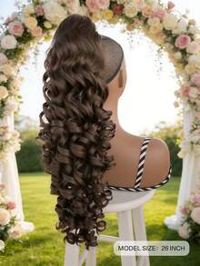 24 Inch Dark Brown Deep Wave Clip-In Ponytail Hair Extension - Heat Resistant Synthetic Fiber, Natural Curly Hair Styling Accessory, Suitable For Women's Daily Use, Daily Hairstyle Styling Accessory, Voluminous Curly Heat Resistant Fiber Wig - Coffee Brown - View 4