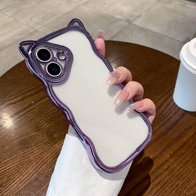 TPU动物耳朵造型新颖紫色电镀1件装时尚不对称波浪边手机壳，兼容，防水防震防摔防刮，春季礼物