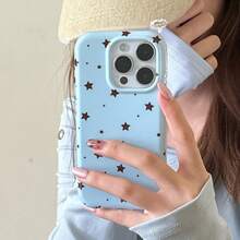 Vintage Star Pattern Soft Phone Case In Light Blue And Black, Tortoiseshell Foil Texture, Compatible With IPhone 16 Pro Max, Apple 15, New 14, 12 Pro, 13 Pro Max, Shockproof Protective Cover, Spring Gift For Women - Blue - View 7