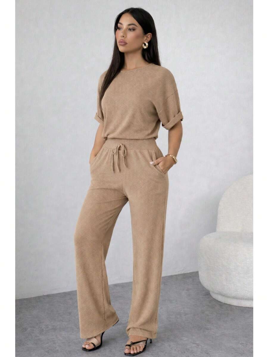 Camiseta de cuello redondo y mangas estilo murciélago y pantalones con cordón en la cintura, ideal para otoño - verano- invierno, comodo, tiro alto, bonito, comodo, casual, informal, oficina, calle, regalo,