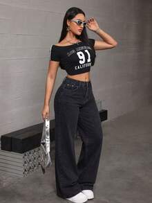High-Waisted Wide-Leg Denim Trousers, Grey-Black, Elastic, With A Good Drape - 深灰色 - 查看 5