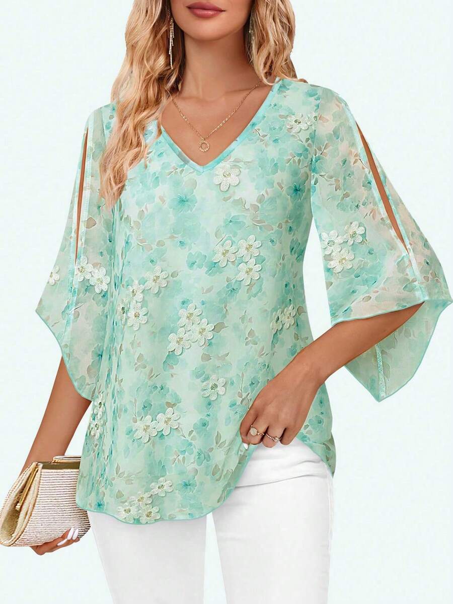 Blusa holgada con volantes, cuello en V, doble capa de malla, con cinturón y mangas 3/4 para primavera - verde menta - Ver 1