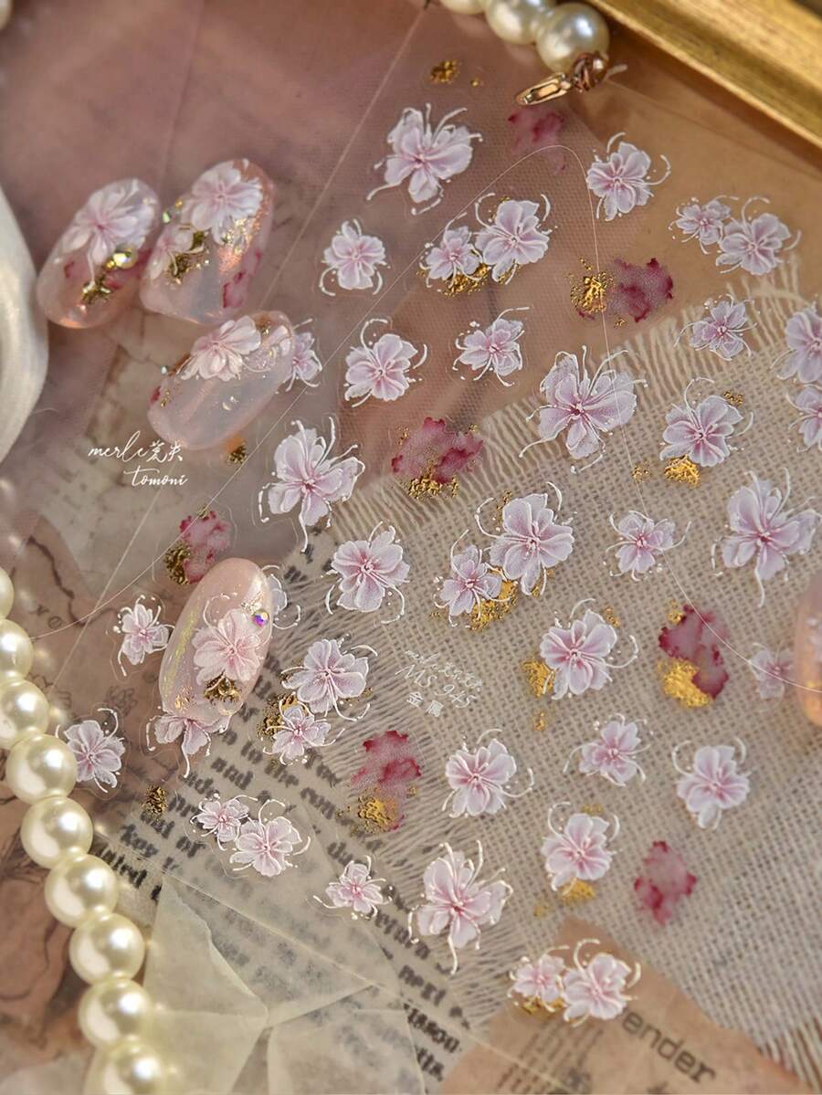 5D立体粉色樱花美甲贴纸，自粘式花卉美甲贴花，金箔装饰，打造优雅美甲 - 淺粉色 - 查看 1