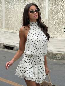 New European And American Style Fashion Halter Backless A-Line Polka Dot Print Tie Waist Dress White Wedding Party - White - View 14