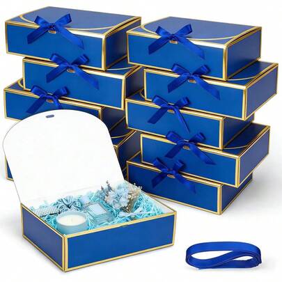 Bộ 10 hộp quà có nắp, màu xanh dương viền vàng, kích thước 10.6 x 7.8 x 3.1 inch, kèm ruy băng vàng, thích hợp làm hộp thiệp mời phù dâu, quà cưới, quà sinh nhật, quà tặng tiệc tùng, trang trí, quà Valentine, hộp quà cô dâu.