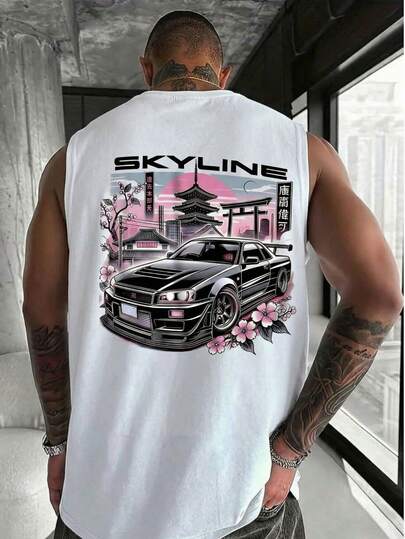 Áo tank top không tay mùa hè phong cách Nhật Bản JDM Warrior GTR dành cho nam của YUNCHIC, in họa tiết hoa anh đào Tokyo Street, dáng rộng thoải mái, kiểu áo thun thể thao năng động.