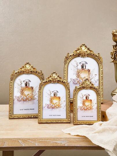 Vintage European-Style Golden Arched Decorative Photo Frame, Exquisite Golden Finish, Suitable For Art Lovers And Home Decor To Display Wedding Or Gallery Photos, Desktop Frame, Essential For Kitchen, Soft Car Accessories, Party Supplies, Graduation Decor