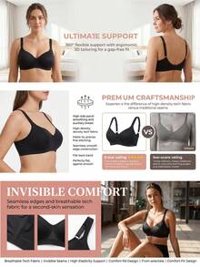 1pc Women's Comfortable Wireless Soft Cup Solid Color Bra - Black - View 8