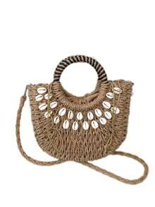 Woven Shell Beach Bag | Detachable Shoulder Strap . Vacation Beach Bag . Multifunctional Fashion Women Handbag] Contrast Color Handle: Black And White Striped Wrapped Round Handle, Retro Eye-Catching, Comfortable Grip, Instantly Become The Focus When Traveling - Multicolor - View 11
