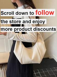 1pc Solid Color PU Crescent Shoulder Bag, Large Capacity, Fashionable For Adult Women, Suitable For Outings And Shopping - Beige - View 3