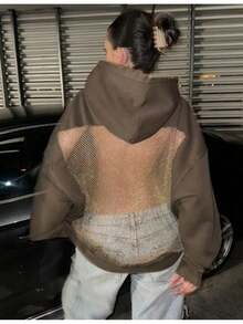 2026 Autumn-Winter New Women's Fashion Solid Color Backless Openwork Mesh Hooded Sweatshirt, Casual Fashion Long-Sleeved Sweatshirt, Christmas And Halloween Gift - 棕色 - 查看 2