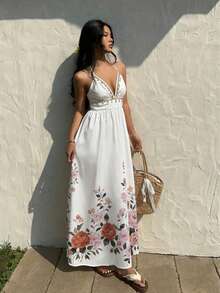 Đầm cổ yếm xếp ly họa tiết hoa đính sequin hình vỏ sò thời trang cho kỳ nghỉ hè ở bãi biển. - trắng - Xem 6