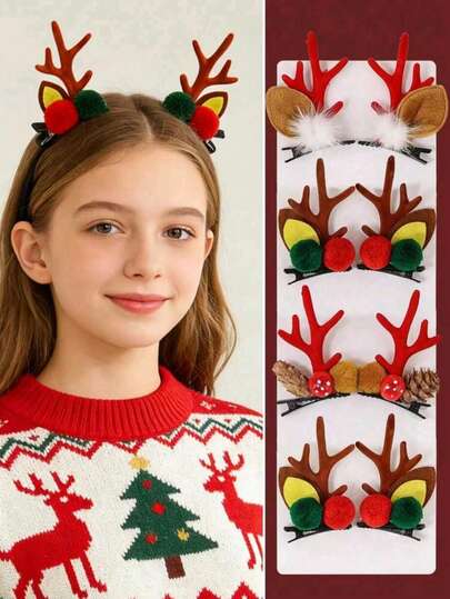 1对红色鹿角造型布艺蝴蝶结发夹 圣诞节发饰 新年魅力