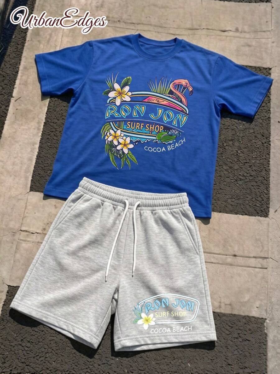 Best Pairings For The New 2026 Models Men Fashion Crewneck Casual Pure Cotton T Shirt Shorts Set Material Cotton Print Pattern And Text Ron Jon Surf Shop Cocoa Beach Machine Washable Comfortable For Spring Summer Autumn Winter 100 Percent Pure Cotton Retro Street Style Loose Fit High Quality Promotion Best Combination - 藍色 - 查看 1