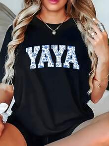 100% Pure, YAYA Pattern Printed T-Shirt Round Neck Comfortable Short Sleeved Women's T-Shirt, Breathable Casual S Top, Available In Multiple Colors, Preferred For Holiday Gifts - màu đen - Xem 2