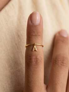 Stainless Steel Personalized Letter Pendant Ring, Customized Letter Pendant Ring, Gold And Silver Small Letter Band Jewelry, Minimalist Style Delicate Stackable Ring, Anniversary Gift - Multicolor - View 3