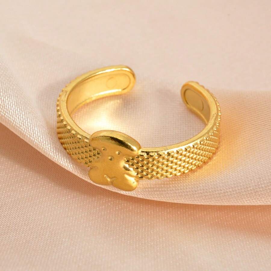 1枚简约优雅的18K镀金不锈钢开口泰迪熊戒指，适合女孩和女士日常、上学、约会佩戴，时尚百搭。 - 金色2 - 查看 1
