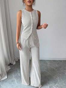 Women's Fashionable Solid Color Textured 2-Piece Set, Including Sleeveless Crew Neck Button Fitted Tank Top And High Waist Loose Straight Leg Pants, Elegant Commuter Style - màu nâu - Xem 12