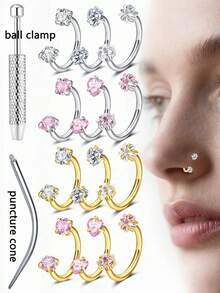 1件/4件套鼻钉套装包含[2个鼻钉+1个穿刺锥+1个球形夹]。不锈钢马蹄形鼻环，镶嵌3毫米立方氧化锆，女士鼻环。18G Y2K风格鼻钉，心形、星形和圆形可选。 - 彩色 - 查看 1