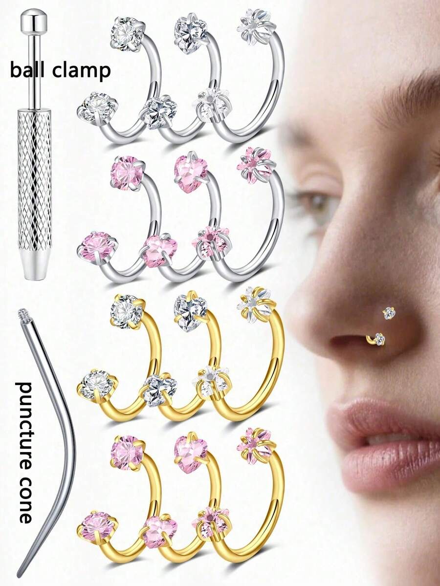 1件/4件套鼻钉套装包含[2个鼻钉+1个穿刺锥+1个球形夹]。不锈钢马蹄形鼻环，镶嵌3毫米立方氧化锆，女士鼻环。18G Y2K风格鼻钉，心形、星形和圆形可选。 - 彩色 - 查看 1