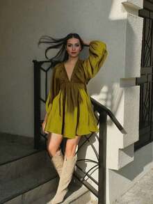 New Spring/Summer Elegant Fashion Sexy Deep V-Neck Puff Sleeve Casual Mini Dress For Women, Vacation Boho & Western & Tropical & Sun Dress - 橄欖綠 - 查看 12