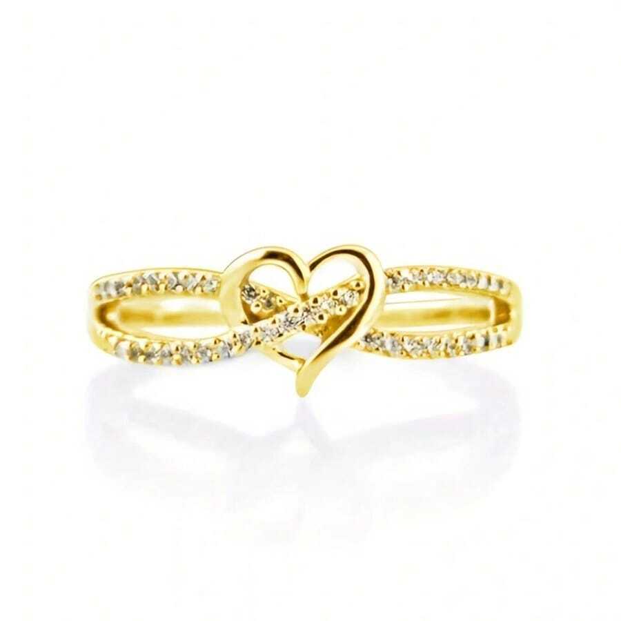 1 pieza Anillo decorativo de mujer elegante y exquisito con corazón de rhinestone para damas, para uso diario, fiestas, banquetes, celebraciones y regalos - Dorado - Ver 1