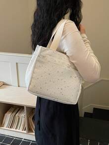 Túi xách nữ thường ngày, túi tote thời trang nữ, túi đeo vai nữ dung tích lớn đa năng dùng đi làm, túi vải nhỏ họa tiết chấm bi ngôi sao thời trang mùa hè. - trắng - Xem 4