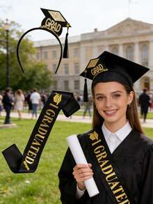 2pcs/Set 2026 Graduate Sash And "Graduate" Headband Set, Party Decor, Graduation Celebration Party Supplies, Tassel Headpiece With Doctoral Cap Black Satin Ribbon, Graduation Party Costume, Holiday Festival Party Supplies - A - View 7