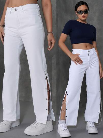 Jeans rectos blancos con abertura y cadenas pantalones sueltos con diseño personalizado