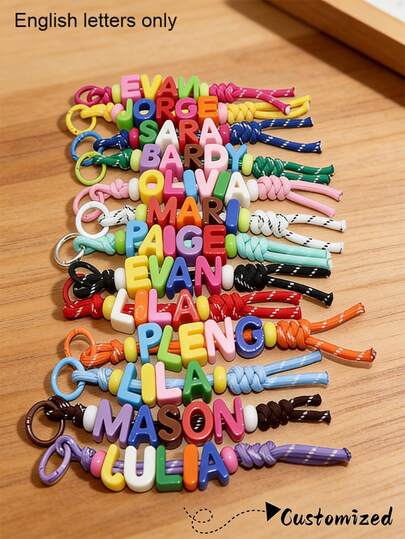1 pieza Llavero tejido a mano, cuentas de acrílico de letras coloridas, nudo tejido a mano, letras personalizables, estilo minimalista, regalo para volver a la escuela/cumpleaños