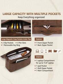 NEWHEY Bolso de mensajero de cuero para hombres, bolso para portátil de 15.6 pulgadas, maletín vintage, bolso grande para computadora, bolso bandolera para la universidad, el trabajo, los negocios y la oficina - Marrón - Ver 3