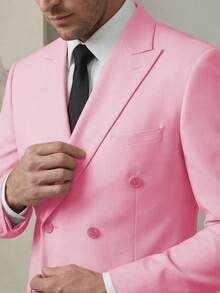 Mens Double Breasted Suit 2 Piece Slim Fit Peak Lapel Wedding Groom Prom Statement Blazer Pants(Suit+Pants)(XS-3XL) - 粉色 - 查看 6