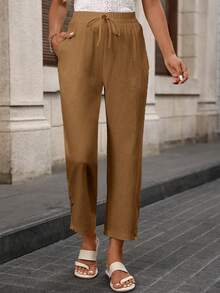 Damen Lässig Hose mit elastischem Bund und Spitze, gerade geschnitten, einfarbig, Frühling - Mokka-Braun - Übersicht 5