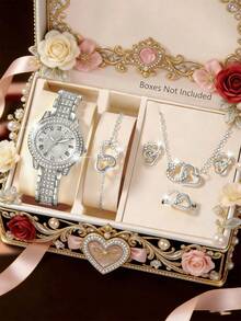 一套母亲节女士手表套装，时尚优雅的圆形石英表，搭配心形吊坠项链、耳环、戒指和手链。这套首饰套装适合日常佩戴、生日礼物、返校季、感恩节和浪漫场合，是最佳选择（不含礼盒）。 - 銀色 - 查看 2