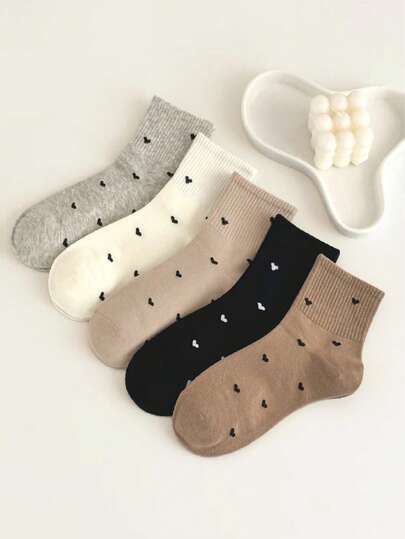 5 Pairs Women's New Cute Heart Pattern Socks, Versatile For Casual Daily Wear, Soft & Breathable For All Seasons, Summer Short Socks