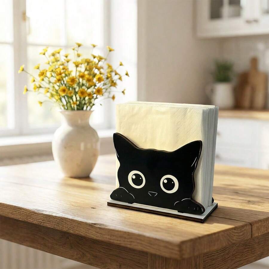 1/3个可爱黑猫木质纸巾盒,营造温馨俏皮的用餐氛围,实用餐巾纸分配器 - 彩色 - 查看 1