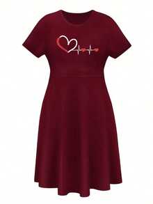 Robe noire à manches courtes décontractée, imprimé rythme cardiaque "Coup de foudre", vêtements pour femmes grande taille élégants pour toutes les saisons, porter au quotidien en été - Rouge foncé - Voir 2