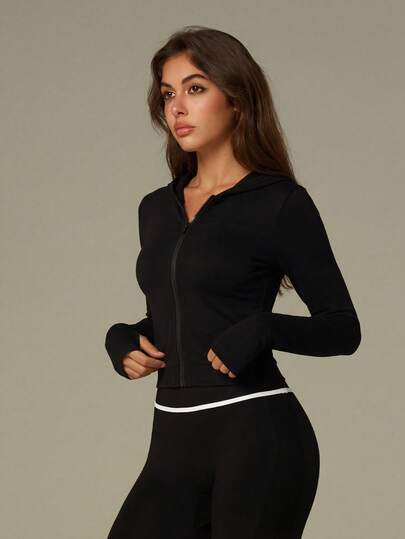 UONNOU 1pc Black Spring/Summer Zip-Up Hooded Jacket, Long Sleeve Thumb Hole Fitted Hoodie, Seamless Shaping Athletic Top Suitable For Fitness, Yoga, Running, Gym And Casual Wear