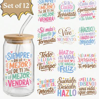 12 piezas Pegatinas de transferencia UV DTF con citas inspiradoras en español (7x9cm), calcomanías de afirmaciones positivas motivacionales para tazas de café, tazas de cerámica, portátiles, tazas, regalos de diario DIY