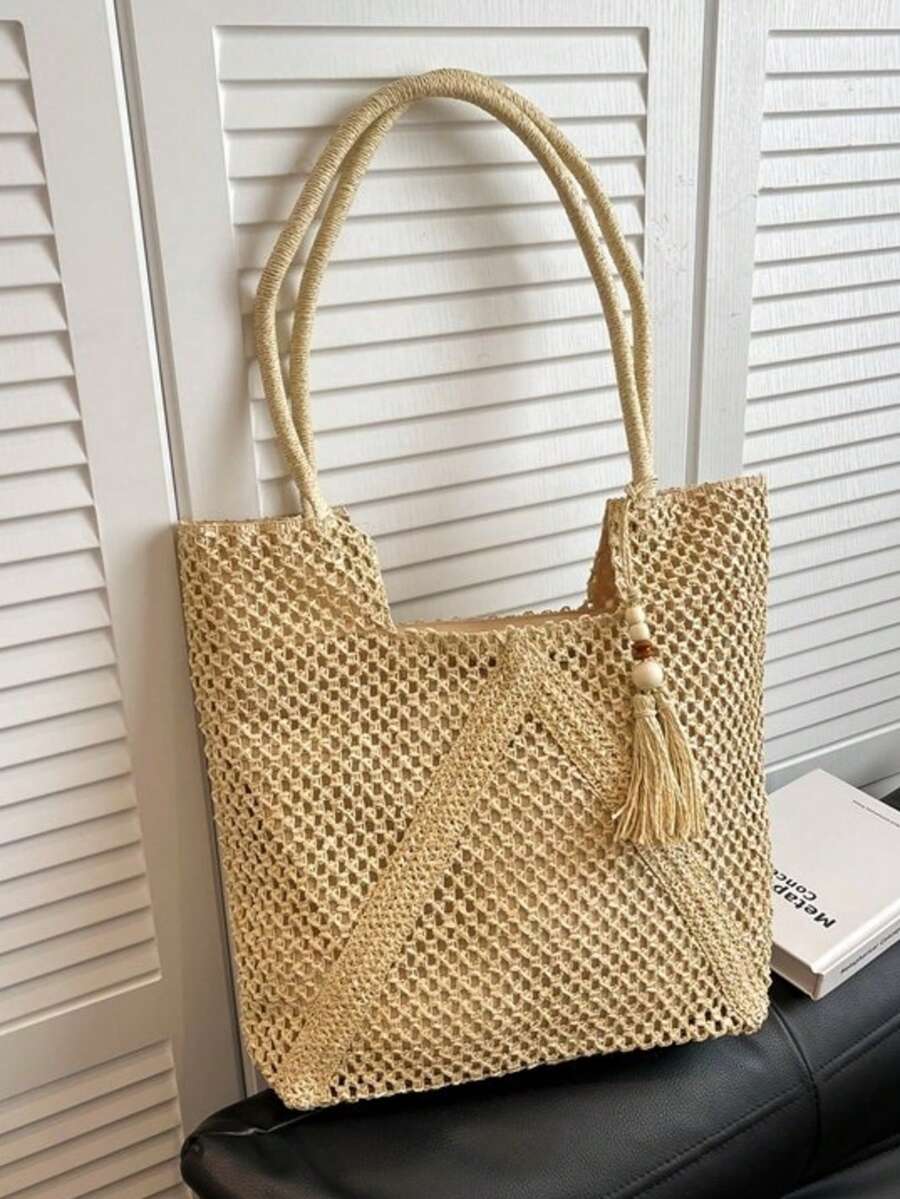 2026 Nueva llegada Bolso de mano grande con diseño minimalista y hueco, diseño de nicho de moda, adecuado para vacaciones en la playa, bolso tejido de paja, bolso de mano tejido casual de primavera, bolso de hombro y bolso de gran capacidad para mujeres para ir al trabajo