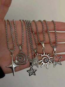 Bộ 6 mặt dây chuyền phong cách Gothic Punk cổ điển hình ngôi sao, ngọn lửa, hình xoắn ốc, mặt trời, trái tim, bộ 6 mặt dây chuyền hình thánh giá kiểu Baroque châu Âu, thích hợp cho Giáng sinh, Năm mới, Ngày lễ tình nhân và các ngày lễ khác. - Bạc - Xem 3