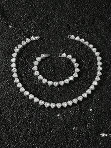 2 Stück/Set Hip Hop Stil komplett mit Strass besetztes herzförmiges verkettetes Halsketten- und Armband-Set - Liebe - Übersicht 5