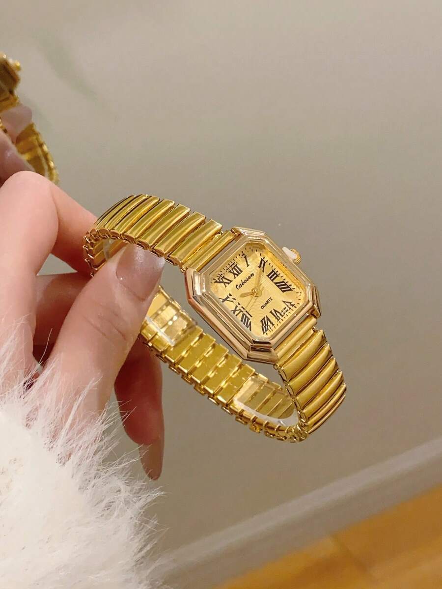 1件金色圆形表盘手表，时尚优雅石英机芯腕表，适合日常佩戴/派对/送礼 - 金色 - 查看 1