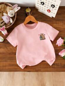 女童休闲印花圆领短袖T恤，夏季上衣 - 粉色 - 查看 5