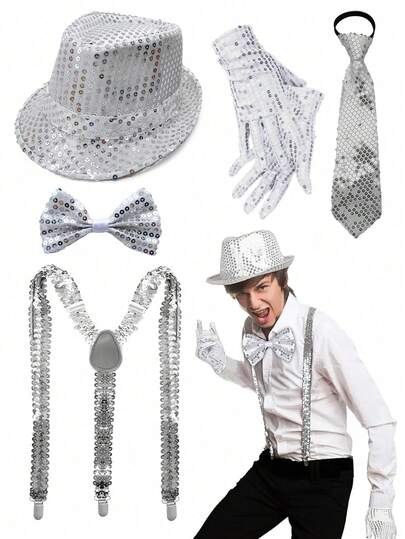 Bộ trang phục đính kim sa lấp lánh 3/5 món bao gồm áo hai dây, nơ, găng tay, kim sa bạc dành cho các buổi biểu diễn nhạc Jazz, Hip Hop, lễ hội hóa trang, phụ kiện trang phục unisex có thể điều chỉnh.