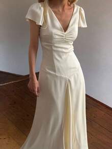 Livesso Spring V-Neck Petal Sleeve Bridesmaid Wedding Guest Party Elegant Waist Cinched Satin Mid-Length Dress Maxi Dress Sundress - 淺黃色 - 查看 8