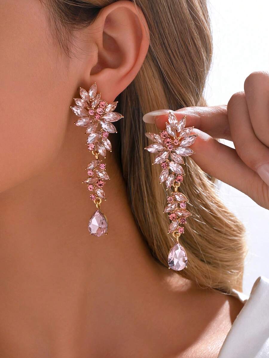 1 Pair Luxury Crystal Leaf & Water Drop Dangle Earrings, Suitable For Women's Wedding, Gala, Performance, Party And Other Occasions - Gold Pink - View 1