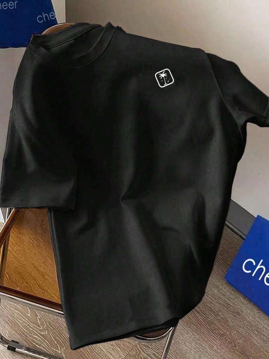 Men's Casual Short Sleeve Crew Neck Summer Print T-Shirt, Summer Streetwear Tee, Drop Shoulder Tee, Gifts For Boyfriend, Back To School Graphic Tees - 黑色 - 查看 1