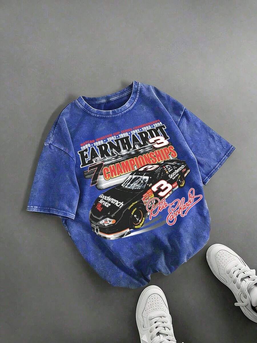 Retro DaleS Earnhardt #3 NASCARS 7 Championships Racing Car Graphic Tee,Casual Print,Comfortable And Versatile,Pure Cotton 220g Washed Printed T-Shirt - Blue - View 1