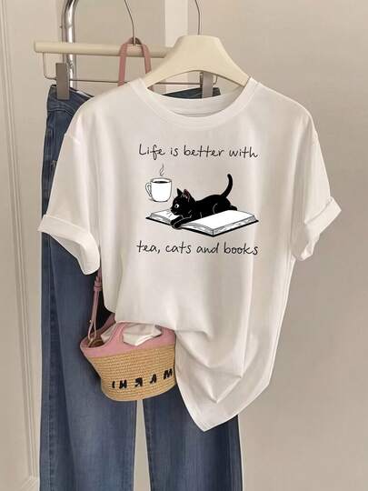 Women's Short-Sleeved Cotton Casual T-Shirt With "Tea, Cats, And Books Are Better" Print, Loose Round Neck Summer Top, Machine Washable, Suitable For Everyday Wear And Parties, Medium Stretch Casual Garment.